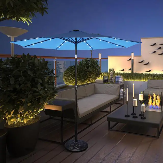 Alt view image 5 of 7 - Costway 10FT Patio Solar Umbrella LED Patio Market Steel Tilt W/ Crank Outdoor Blue New