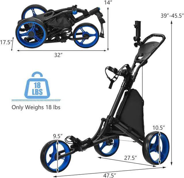 Alt view image 3 of 7 - Goplus Folding 3 Wheels Golf Push Cart W/Bag Scoreboard Adjustable Handle Blue