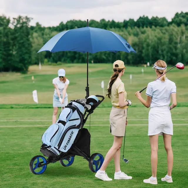 Alt view image 2 of 7 - Goplus Folding 3 Wheels Golf Push Cart W/Bag Scoreboard Adjustable Handle Blue