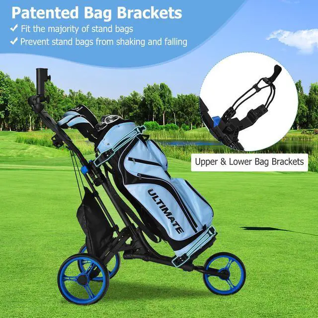 Alt view image 4 of 7 - Goplus Folding 3 Wheels Golf Push Cart W/Bag Scoreboard Adjustable Handle Blue