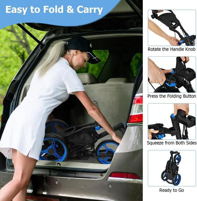 Alt view image 6 of 7 - Goplus Folding 3 Wheels Golf Push Cart W/Bag Scoreboard Adjustable Handle Blue