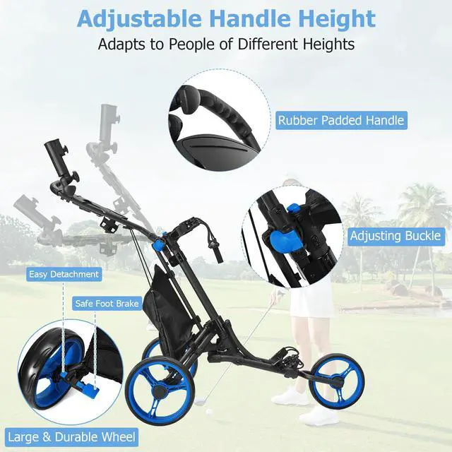 Alt view image 5 of 7 - Goplus Folding 3 Wheels Golf Push Cart W/Bag Scoreboard Adjustable Handle Blue
