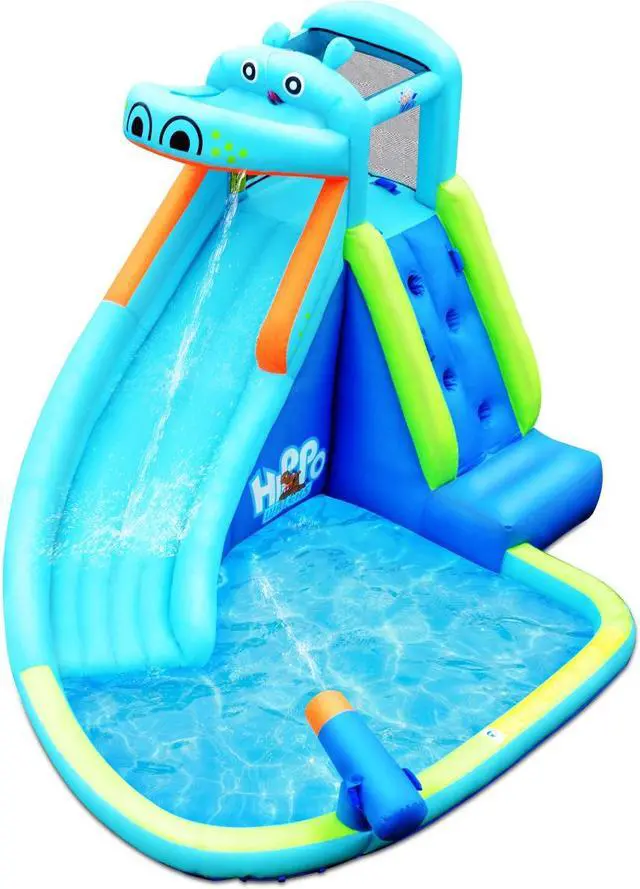 Alt view image 6 of 11 - Costway Inflatable Kids Hippo Bounce House Slide Climbing Wall Splash Pool w/740W Blower