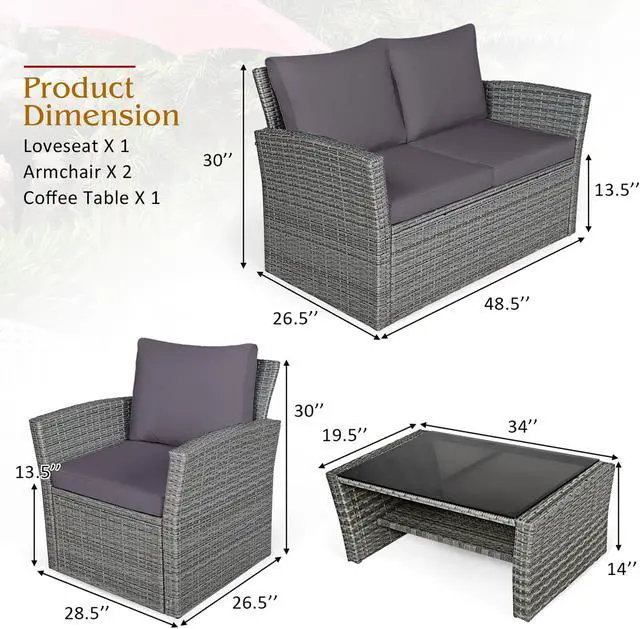 Alt view image 3 of 7 - Costway 4PCS Patio Rattan Furniture Set Sofa Table W/Storage Shelf Gray Cushion
