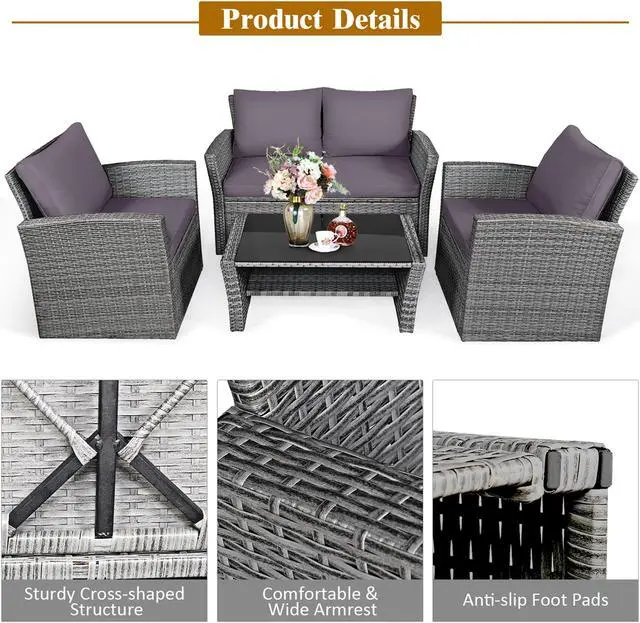 Alt view image 5 of 7 - Costway 4PCS Patio Rattan Furniture Set Sofa Table W/Storage Shelf Gray Cushion