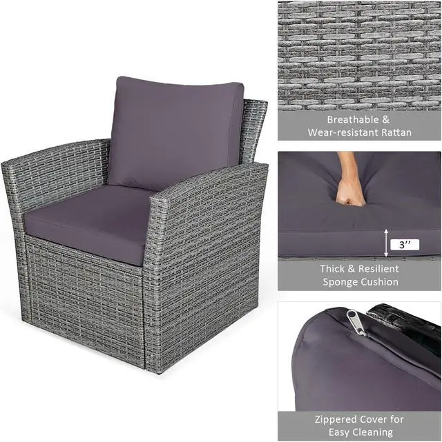 Alt view image 7 of 7 - Costway 4PCS Patio Rattan Furniture Set Sofa Table W/Storage Shelf Gray Cushion