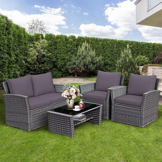 Alt view image 4 of 7 - Costway 4PCS Patio Rattan Furniture Set Sofa Table W/Storage Shelf Gray Cushion