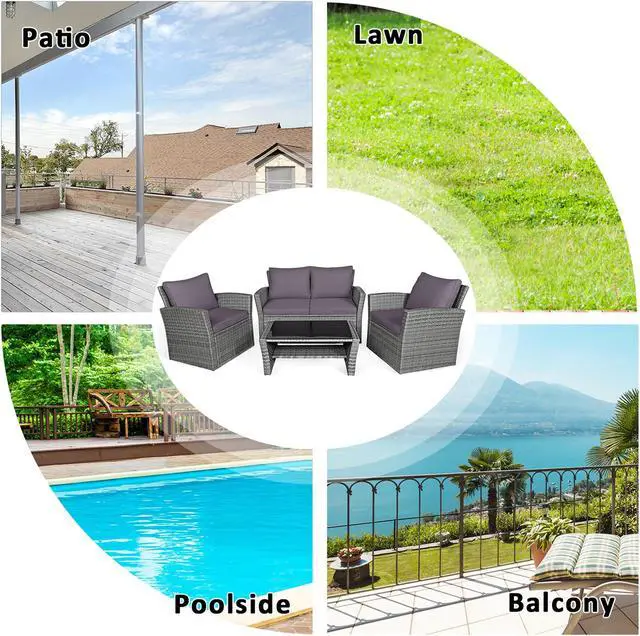 Alt view image 6 of 7 - Costway 4PCS Patio Rattan Furniture Set Sofa Table W/Storage Shelf Gray Cushion