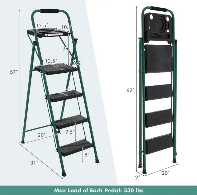 Alt view image 4 of 7 - Costway 4 Step Ladder Folding Portable Anti-Slip Steel Step Stool 330lbs with Tool Platform