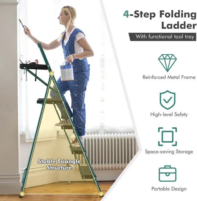 Alt view image 6 of 7 - Costway 4 Step Ladder Folding Portable Anti-Slip Steel Step Stool 330lbs with Tool Platform