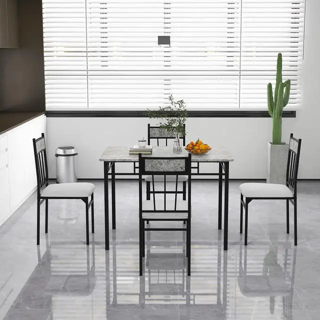 Alt view image 4 of 6 - Costway 5 Piece Faux Marble Dining Set Table and 4 Chairs Kitchen Breakfast Furniture