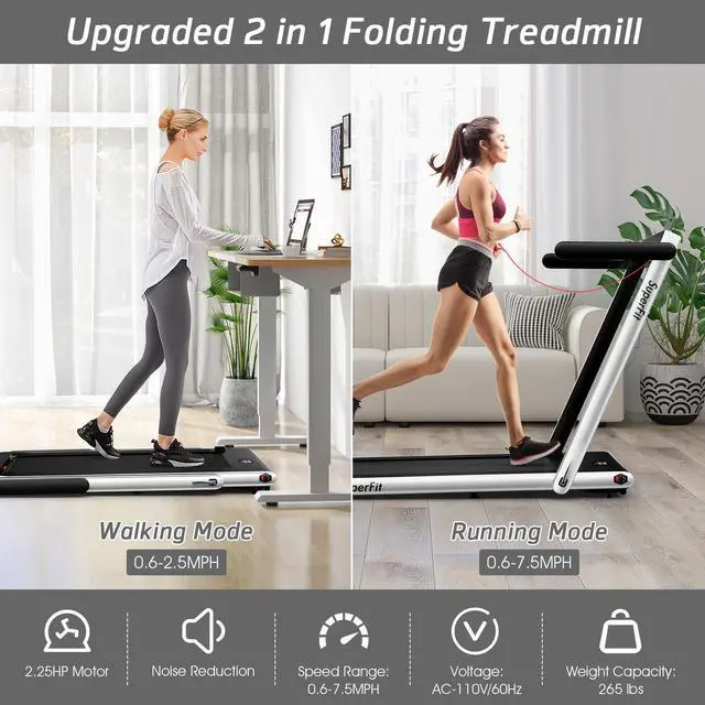 Alt view image 3 of 7 - 2.25HP 2 in 1 Dual Display Folding Treadmill Jogging Machine W/Bluetooth Speaker