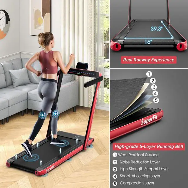 Alt view image 5 of 6 - SuperFit Up To 7.5MPH 2.25HP 2 in 1 Dual Display Screen Treadmill Jogging Machine W/APP Control Red