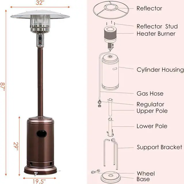 Alt view image 3 of 7 - Costway 50000 BTU Propane Patio Heater Standing Steel W/ Wheels Bronze