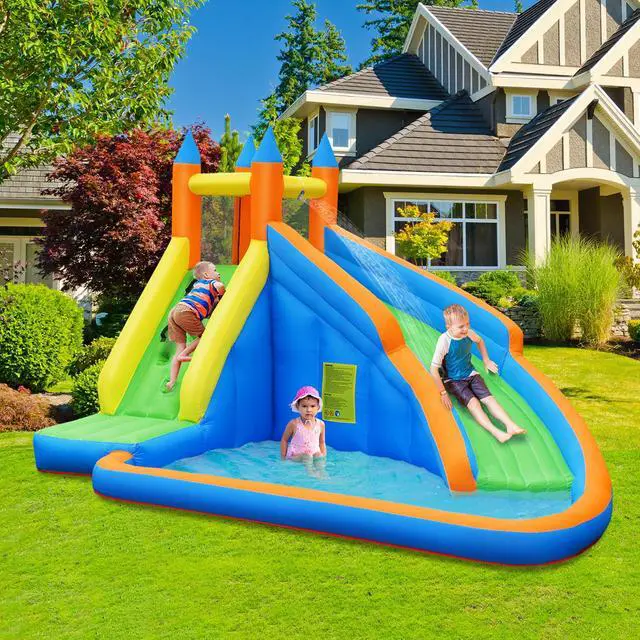 Alt view image 2 of 7 - Costway Inflatable Water Slide Mighty Bounce House Splash Pool with 480W Blower