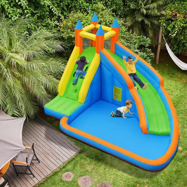 Alt view image 3 of 7 - Costway Inflatable Water Slide Mighty Bounce House Splash Pool with 480W Blower