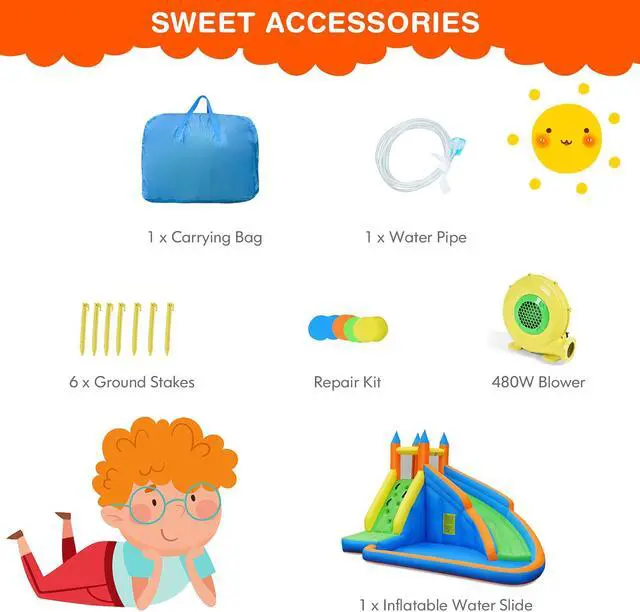 Alt view image 7 of 7 - Costway Inflatable Water Slide Mighty Bounce House Splash Pool with 480W Blower