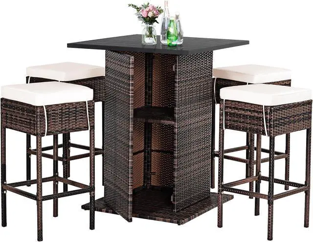 Alt view image 3 of 7 - Costway 5PCS Patio Rattan Bar Table Stool Set Hidden Storage Shelf Cushioned