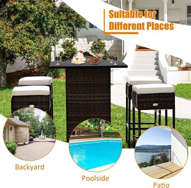 Alt view image 4 of 7 - Costway 5PCS Patio Rattan Bar Table Stool Set Hidden Storage Shelf Cushioned