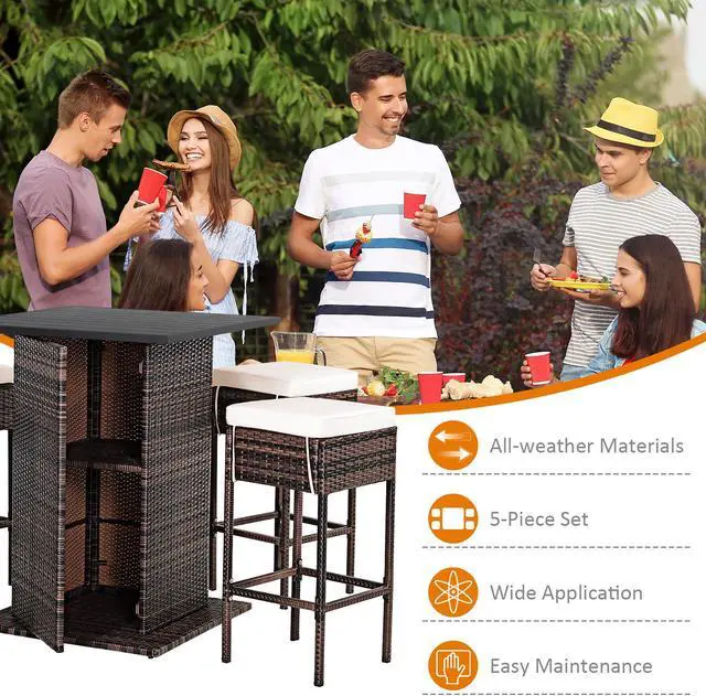 Alt view image 5 of 7 - Costway 5PCS Patio Rattan Bar Table Stool Set Hidden Storage Shelf Cushioned