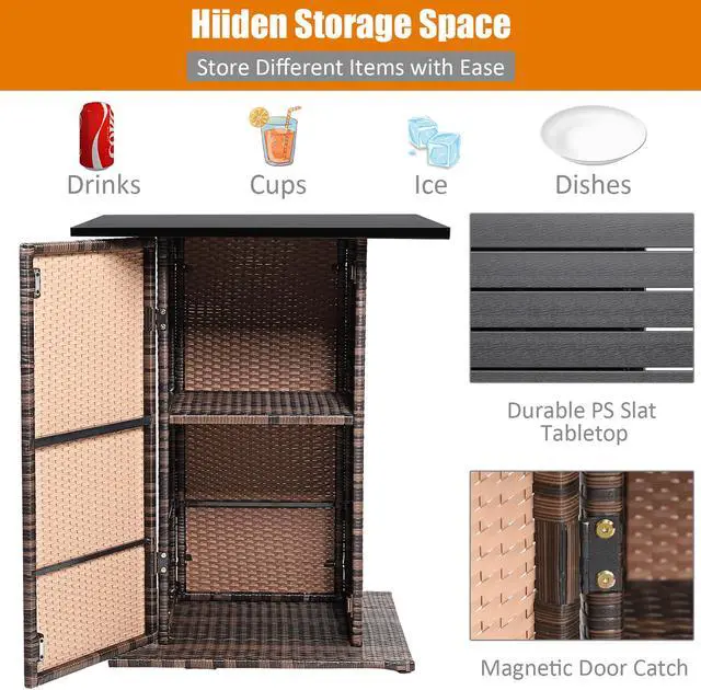 Alt view image 6 of 7 - Costway 5PCS Patio Rattan Bar Table Stool Set Hidden Storage Shelf Cushioned