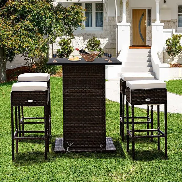 Main image of Costway 5PCS Patio Rattan Bar Table Stool Set Hidden Storage Shelf Cushioned