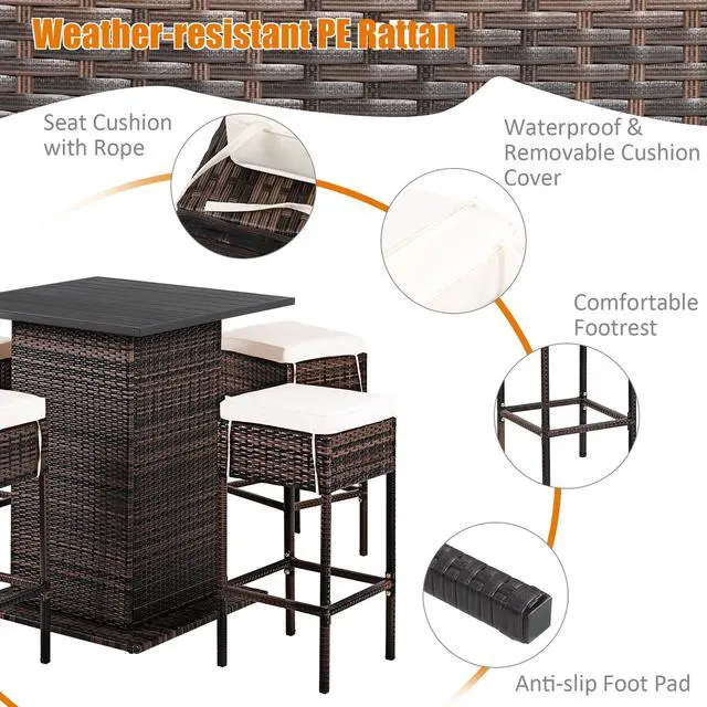 Alt view image 7 of 7 - Costway 5PCS Patio Rattan Bar Table Stool Set Hidden Storage Shelf Cushioned