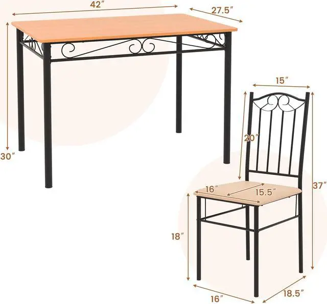 Alt view image 3 of 7 - Costway 5 PCS Dining Set Wood Metal 30" Table & 4 Chairs Upholstered Kitchen Breakfast Furniture