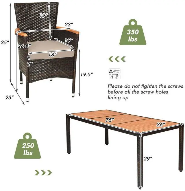 Alt view image 3 of 7 - Costway 9PCS Patio Rattan Dining Set 8 Stackable Chairs Cushioned Acacia Wood Table Top