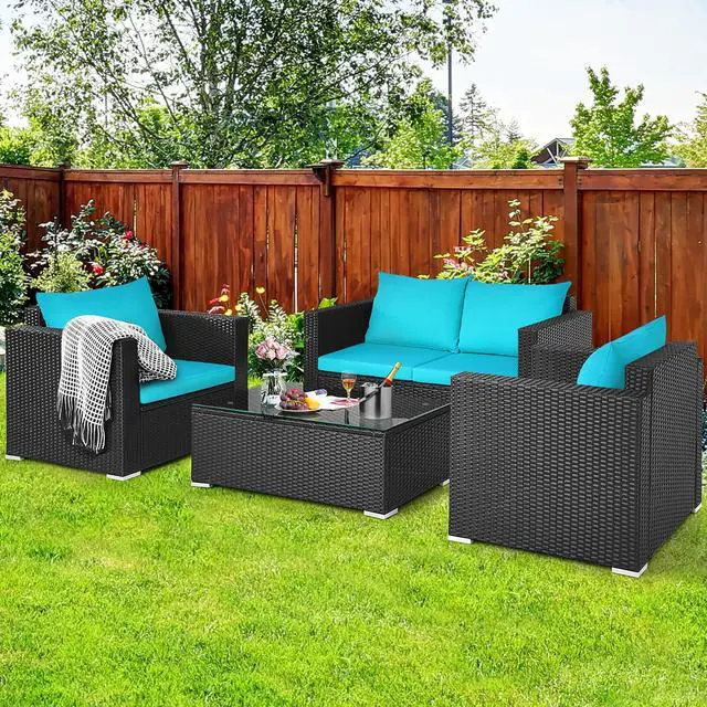 Main image of Costway 4PCS Patio Rattan Cushioned Sofa Chair Coffee Table Turquoise