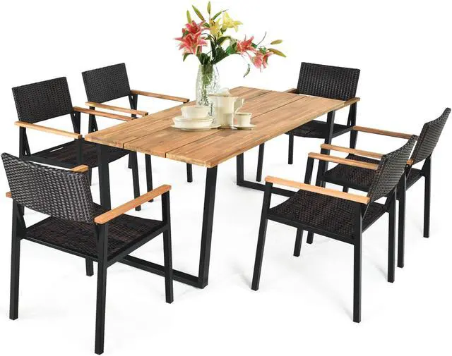 Main image of Costway 7PCS Patio Rattan Patented Dining Chair Table Set Solid Wood Frame Umbrella Hole