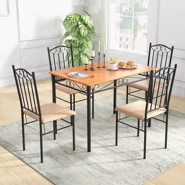 Main image of Costway 5 PCS Dining Set Wood Metal 30" Table & 4 Chairs Upholstered Kitchen Breakfast Furniture