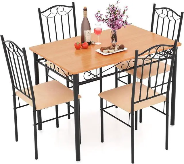 Alt view image 2 of 7 - Costway 5 PCS Dining Set Wood Metal 30" Table & 4 Chairs Upholstered Kitchen Breakfast Furniture