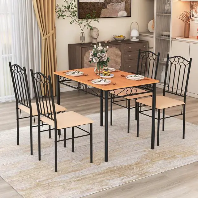 Alt view image 4 of 7 - Costway 5 PCS Dining Set Wood Metal 30" Table & 4 Chairs Upholstered Kitchen Breakfast Furniture