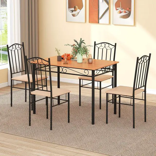 Alt view image 5 of 7 - Costway 5 PCS Dining Set Wood Metal 30" Table & 4 Chairs Upholstered Kitchen Breakfast Furniture