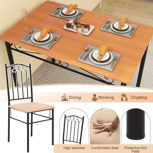 Alt view image 7 of 7 - Costway 5 PCS Dining Set Wood Metal 30" Table & 4 Chairs Upholstered Kitchen Breakfast Furniture