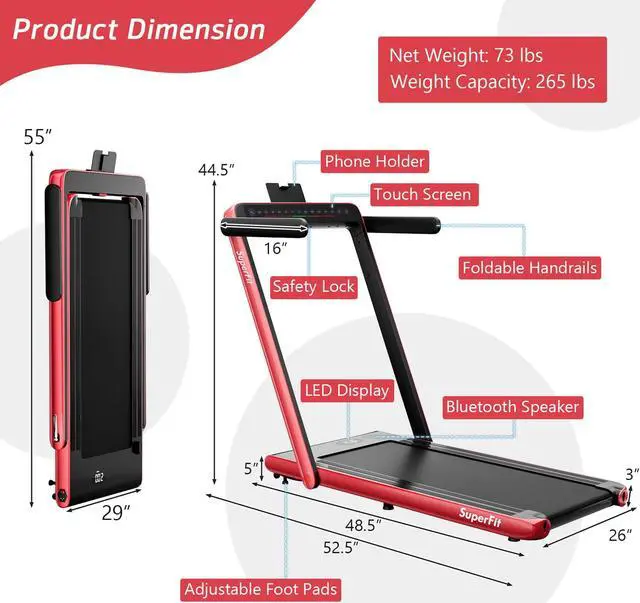 Alt view image 4 of 6 - SuperFit Up To 7.5MPH 2.25HP 2 in 1 Dual Display Screen Treadmill Jogging Machine W/APP Control Red