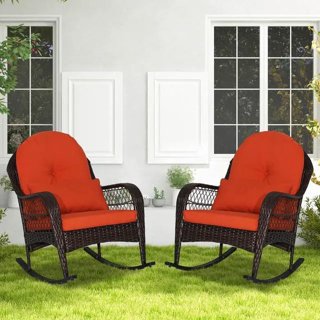 Alt view image 2 of 7 - Costway 2PCS Outdoor Patio Rattan Wicker Rocking Chair Rocker Cushion Pillow Garden Deck