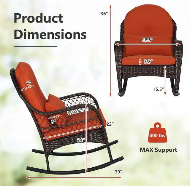 Alt view image 3 of 7 - Costway 2PCS Outdoor Patio Rattan Wicker Rocking Chair Rocker Cushion Pillow Garden Deck