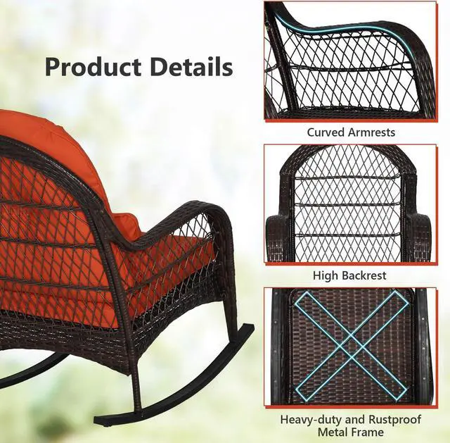 Alt view image 4 of 7 - Costway 2PCS Outdoor Patio Rattan Wicker Rocking Chair Rocker Cushion Pillow Garden Deck