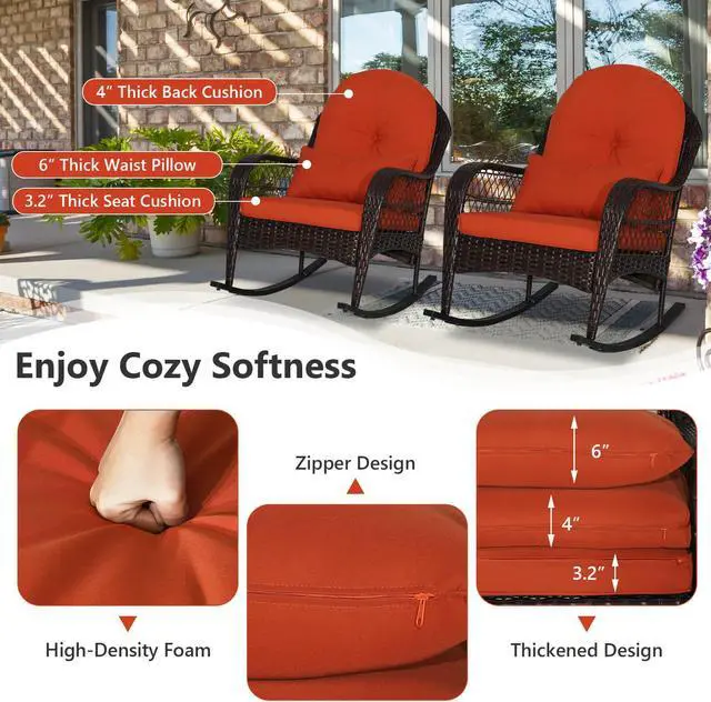 Alt view image 7 of 7 - Costway 2PCS Outdoor Patio Rattan Wicker Rocking Chair Rocker Cushion Pillow Garden Deck