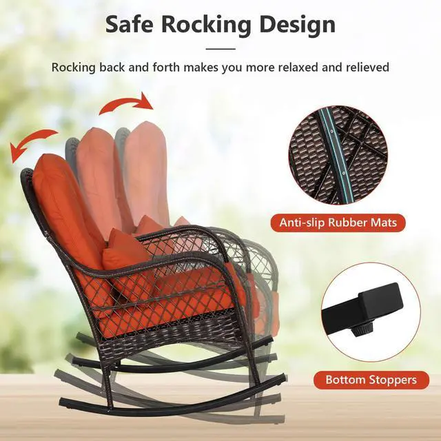 Alt view image 6 of 7 - Costway 2PCS Outdoor Patio Rattan Wicker Rocking Chair Rocker Cushion Pillow Garden Deck