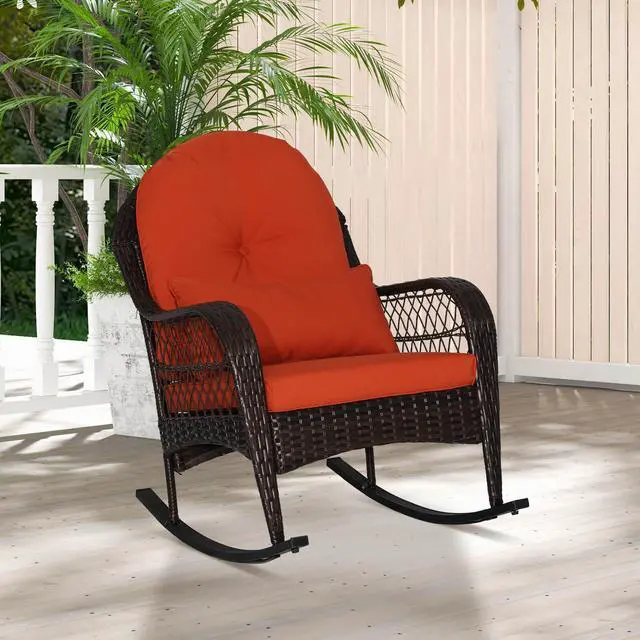 Alt view image 2 of 7 - Costway Outdoor Patio Rattan Wicker Rocking Chair Rocker Cushion Pillow Garden Deck
