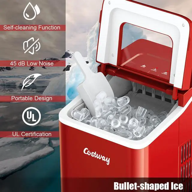 Alt view image 4 of 7 - Costway Portable Ice Maker Machine Countertop 26Lbs/24H Self-cleaning w/ Scoop Red