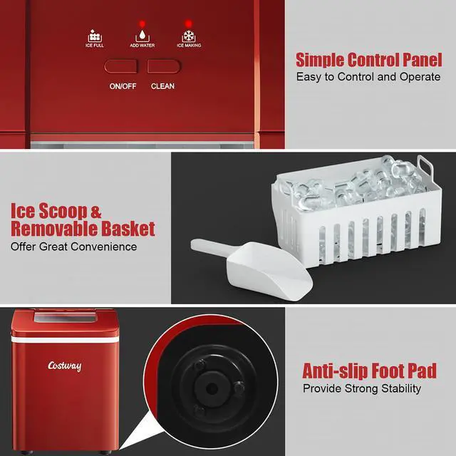 Alt view image 7 of 7 - Costway Portable Ice Maker Machine Countertop 26Lbs/24H Self-cleaning w/ Scoop Red