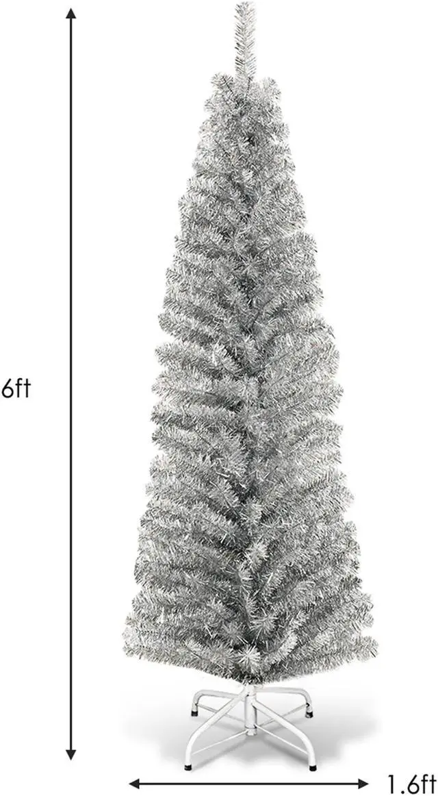 Alt view image 3 of 7 - Costway 6FT Silver Tinsel Tree Unlit Slim Pencil Christmas Tree Metal