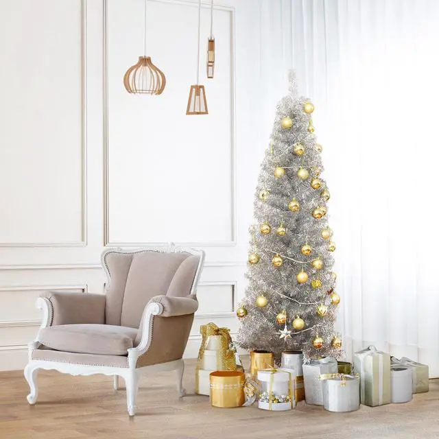 Alt view image 4 of 7 - Costway 6FT Silver Tinsel Tree Unlit Slim Pencil Christmas Tree Metal