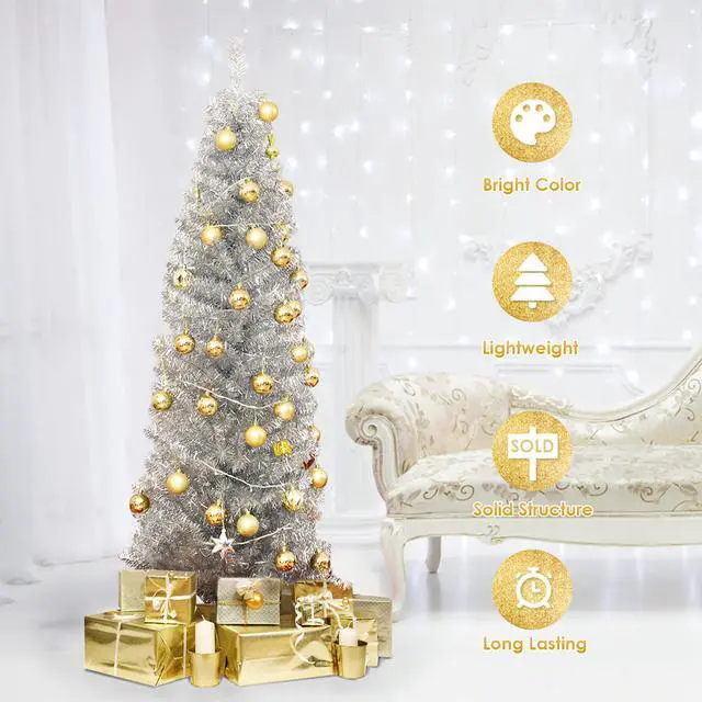 Alt view image 6 of 7 - Costway 6FT Silver Tinsel Tree Unlit Slim Pencil Christmas Tree Metal