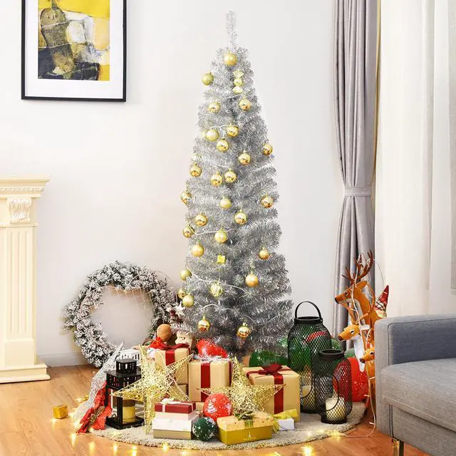 Alt view image 7 of 7 - Costway 6FT Silver Tinsel Tree Unlit Slim Pencil Christmas Tree Metal