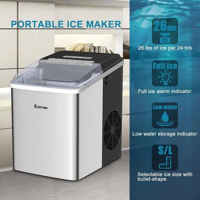 Alt view image 6 of 7 - Costway Stainless Steel Ice Maker Countertop 26Lbs/24H Self-Clean Function W/Scoop New